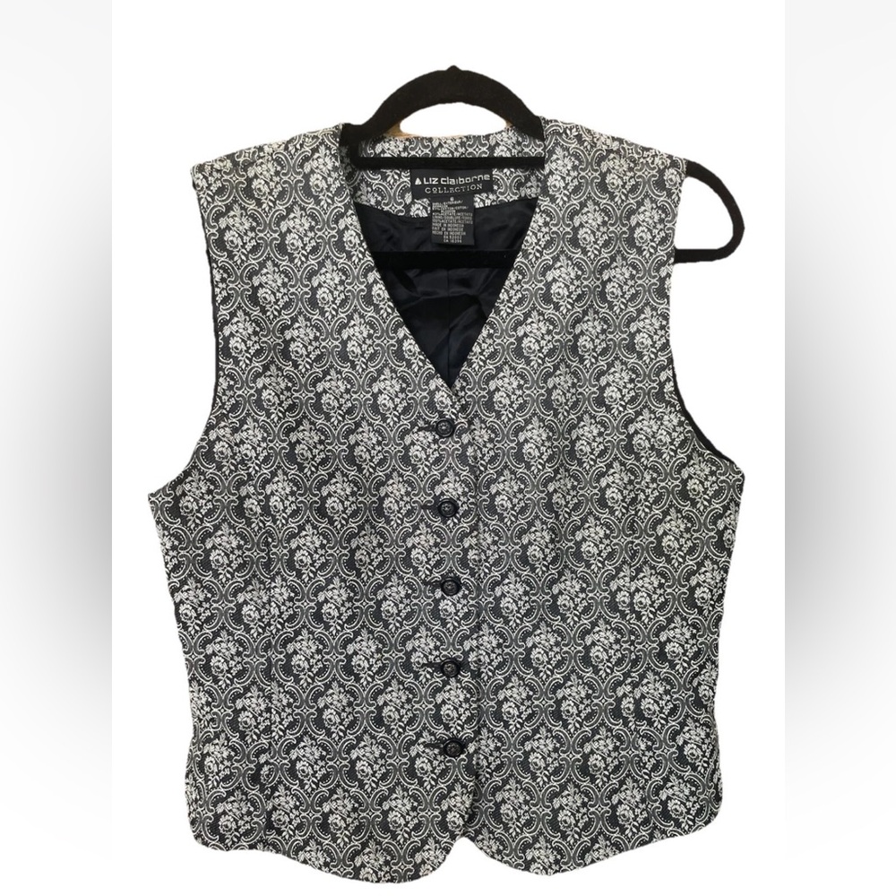 Vintage Liz Claiborne tapestry black button down vest size 6